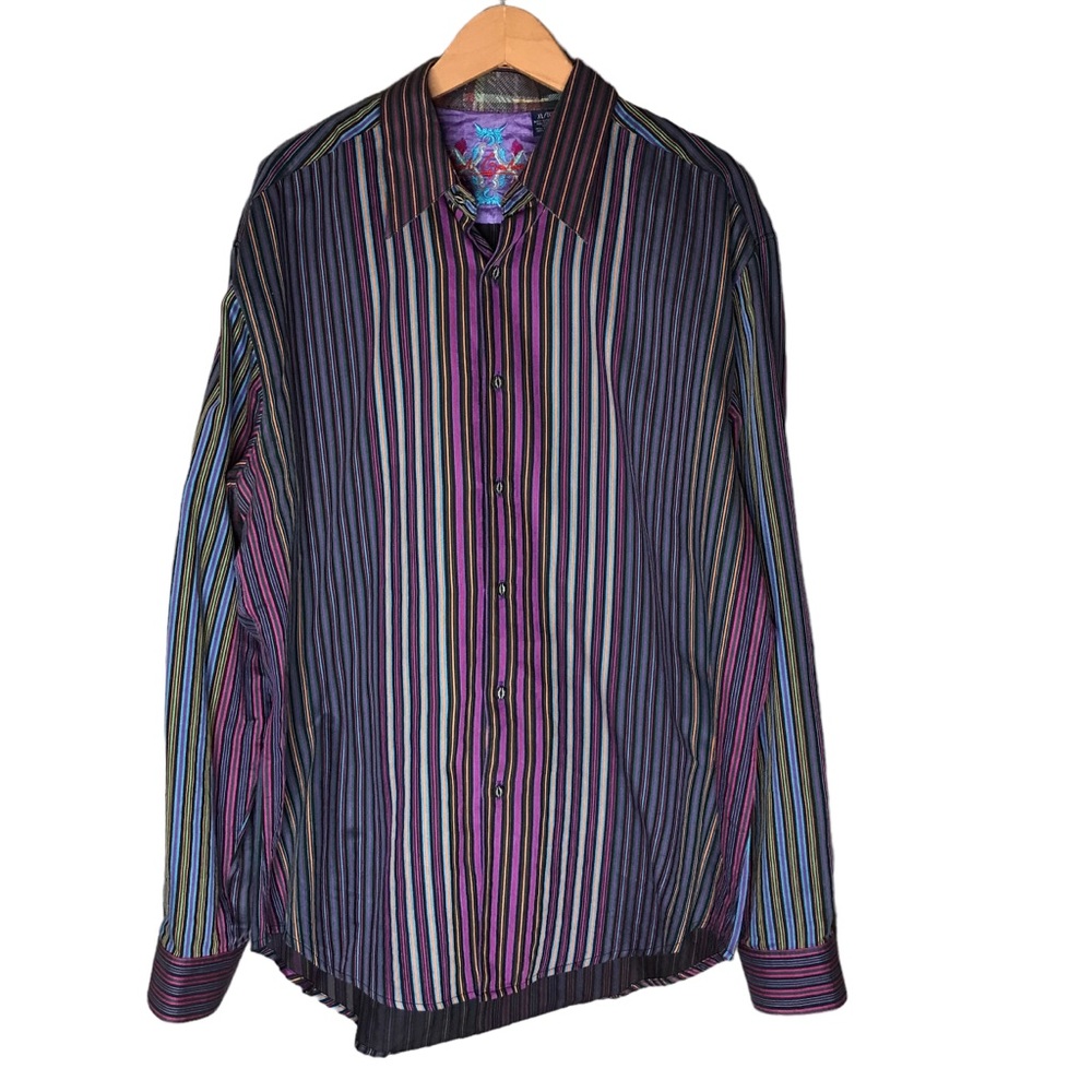 Robert Graham Striped Purple Blue Cotton Button-Up Shirt Flip Cuffs Men’s XL